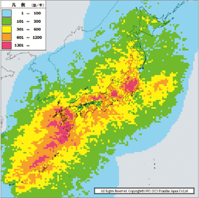 全国落雷頻度マップ（2013〜2020年の10年間年頻度）